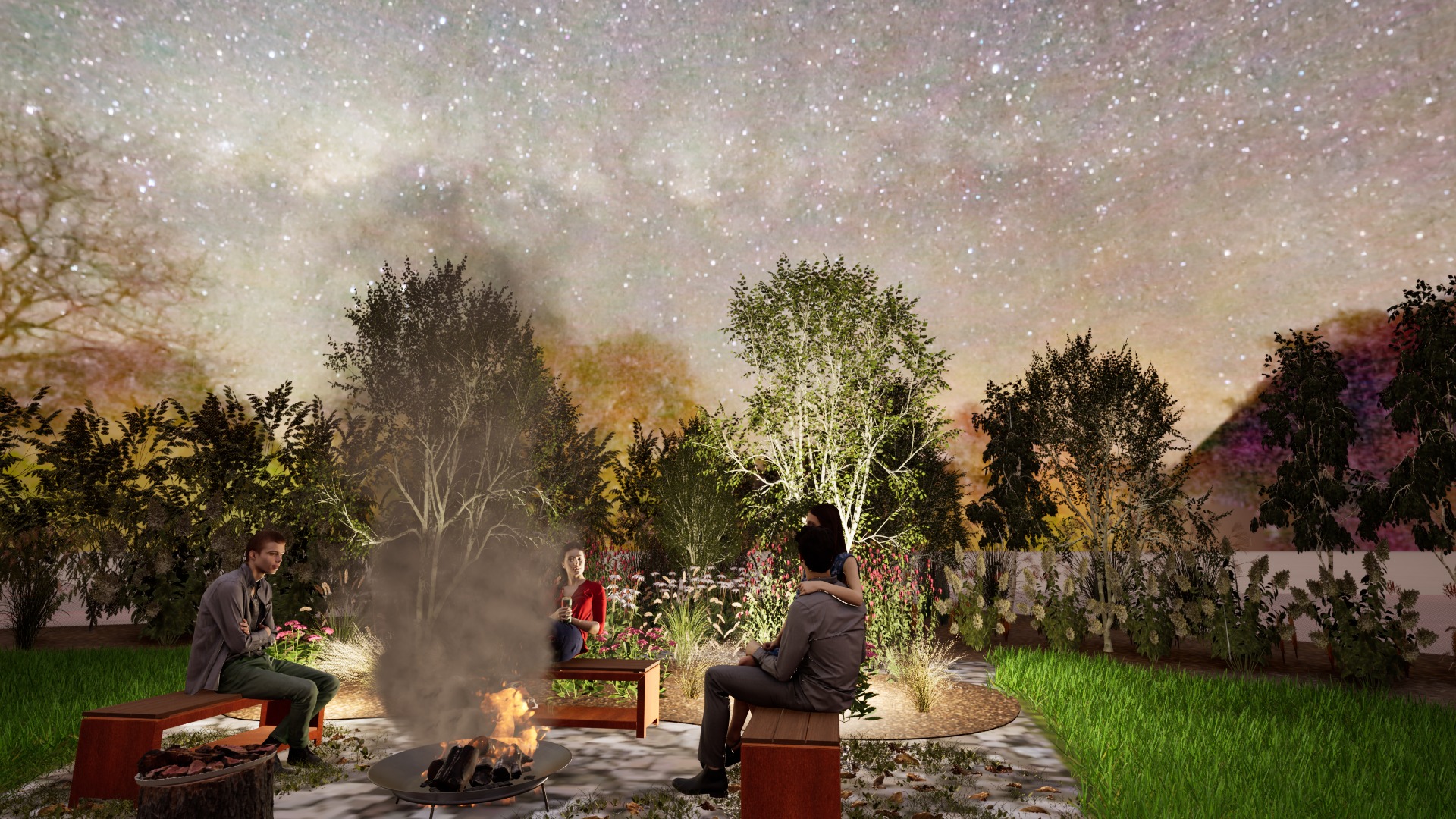 Projekt ogrodu z miejscem na ognisko pod rozgwieżdżonym niebem, z trzema osobami siedzącymi na ławkach, otoczonymi zielenią i kwiatami.