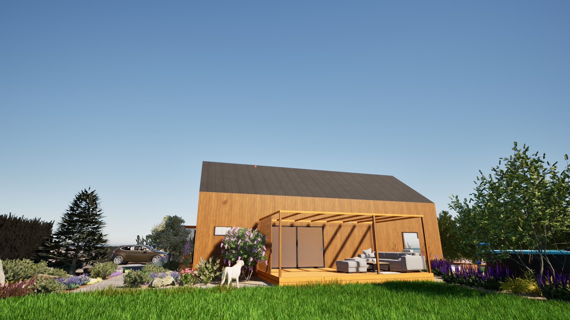 Wizualizacja nowoczesnego domu z drewnianą elewacją, tarasem z pergolą i meblami ogrodowymi, otoczonego różnorodną roślinnością, z białym psem na pierwszym planie.
