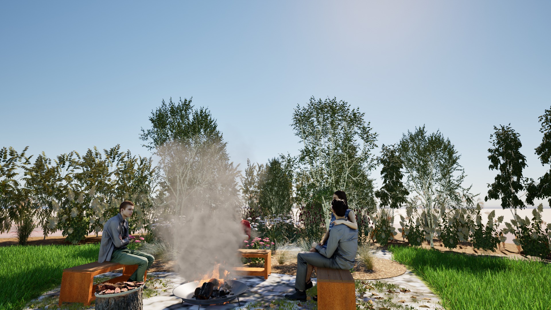 Wizualizacja ogrodu z paleniskiem, metalowymi ławkami i nasadzeniami krzewów, z relaksującymi się osobami w tle.