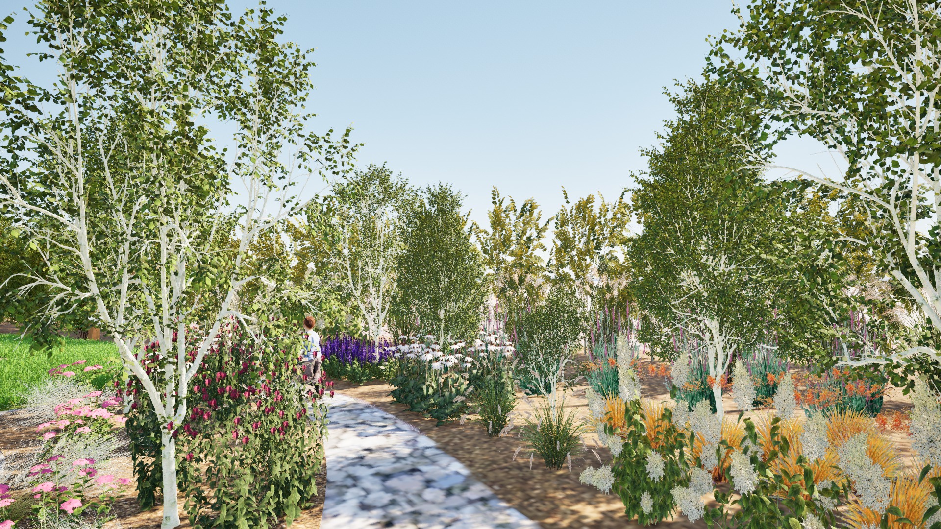 Wizualizacja ogrodu z ścieżką z kamieni, brzozami i różnorodną roślinnością, w tle postać ludzka.