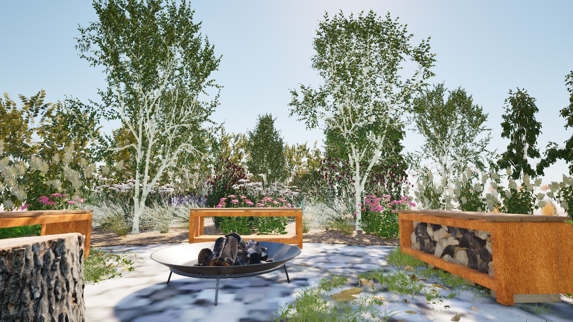 Wizualizacja ogrodu z paleniskiem, drewnianymi siedziskami i pojemnikiem na drewno, otoczonego kwitnącymi roślinami i brzozami.