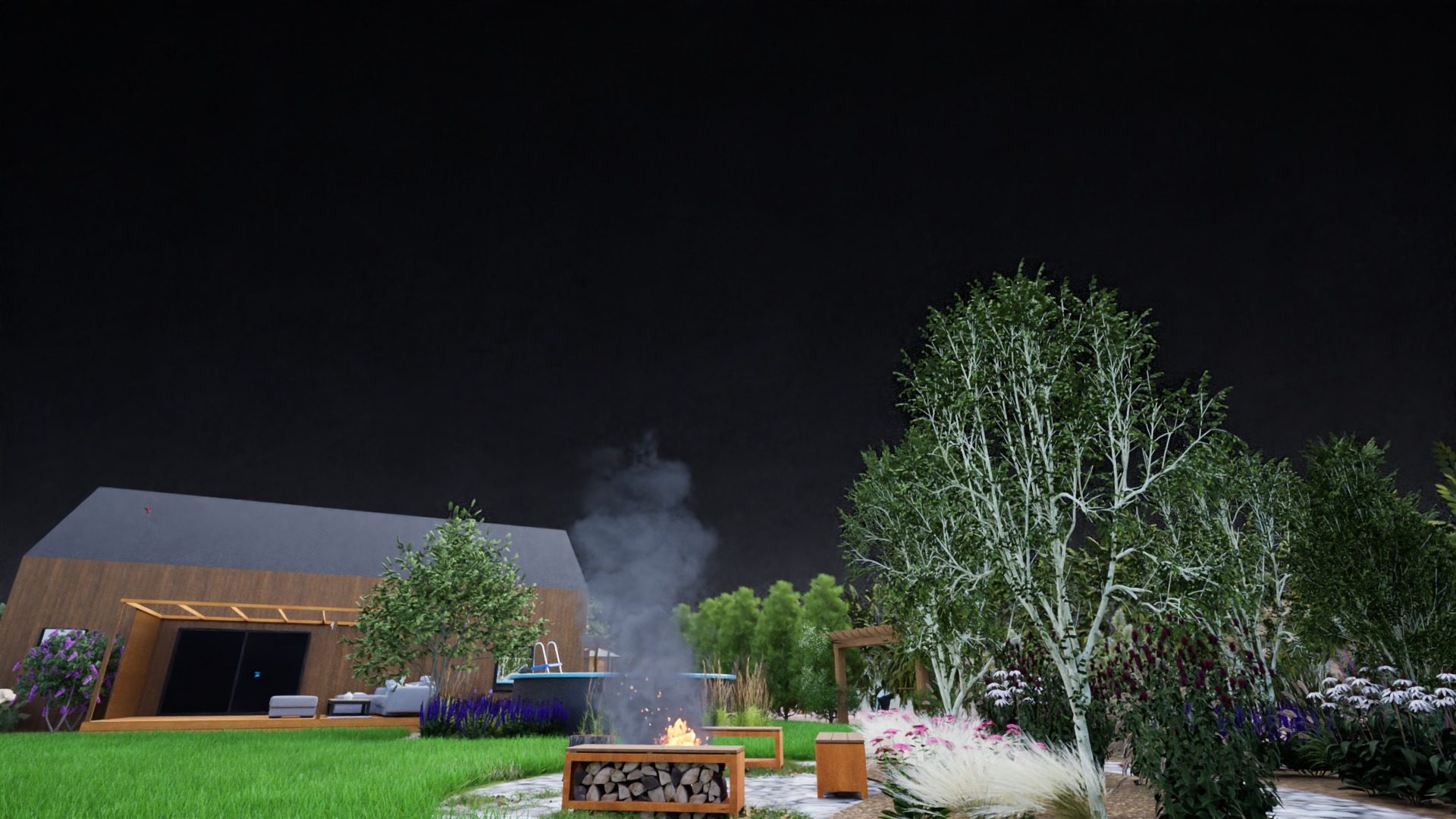 Nowoczesny ogród z paleniskiem, drewnem, basenem i minimalistycznym domem w tle, oświetlony nocą.