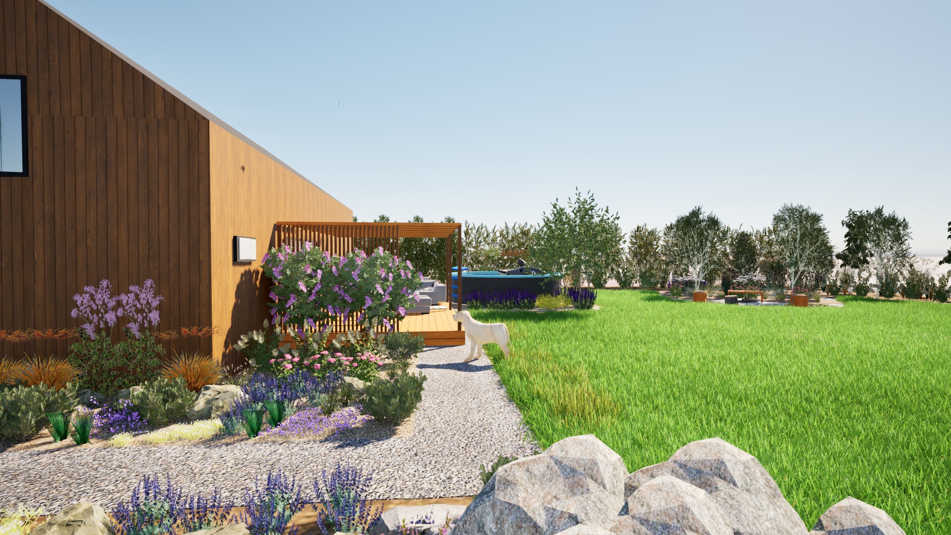 Wizualizacja ogrodu z nowoczesnym domem, drewnianym tarasem z pergolą, basenem, trawnikiem, ścieżką żwirową, rabatami kwiatowymi z lawendą i krzewami oraz psem rasy owczarek podhalański.