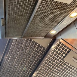 Czystosc Project - Dwa ujęcia filtra okapu kuchennego przed i po czyszczeniu, widoczne osady tłuszczu na górnym filtrze i czysta kratka na dolnym.