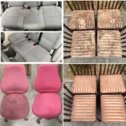 Kolaż przedstawiający efekty czyszczenia tapicerki: szare siedzenie samochodowe przed i po, różowe krzesła biurowe przed i po, oraz cztery krzesła z brązową tapicerką w paski przed i po czyszczeniu...