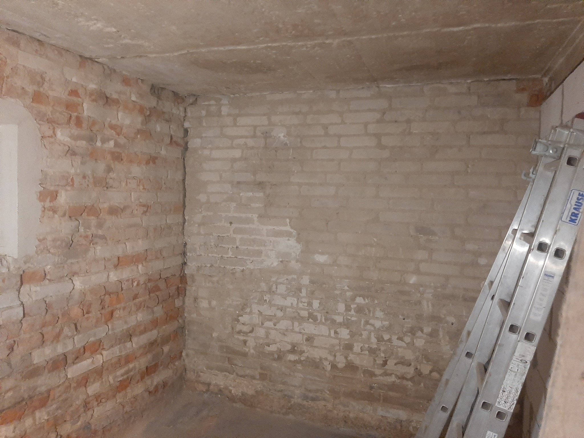 Surowe wnętrze piwnicy z ceglanymi ścianami, częściowo otynkowanymi, z aluminiową drabiną opartą o ścianę.