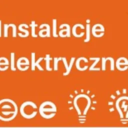 Pomarańczowe tło z białym napisem 'Instalacje elektryczne', poniżej logo 'ece' oraz dwie grafiki żarówek z symbolami elektrycznymi.