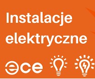 Pomarańczowe tło z białym napisem 'Instalacje elektryczne', poniżej logo 'ece' oraz dwie grafiki żarówek z symbolami elektrycznymi.
