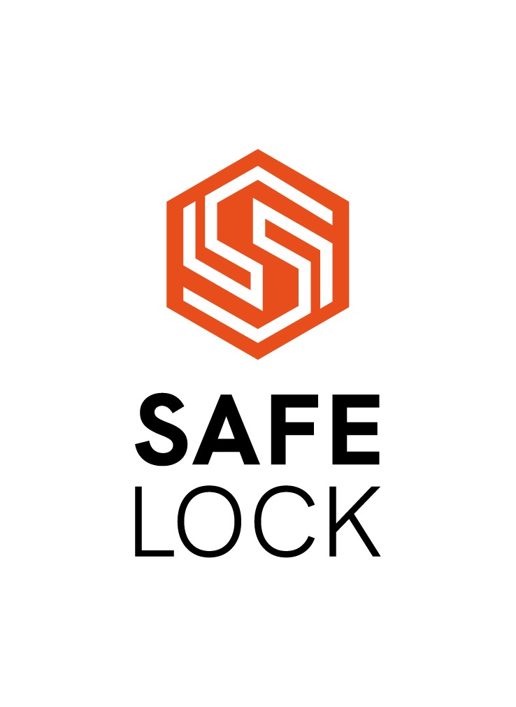 Pomarańczowe logo SAFE LOCK przedstawiające stylizowaną literę S w sześciokącie.