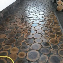 Ścieżka wykonana z okrągłych plastrów drewna ułożonych na ciemnym podłożu, widoczny fragment żółtego węża ogrodowego w lewym dolnym rogu.