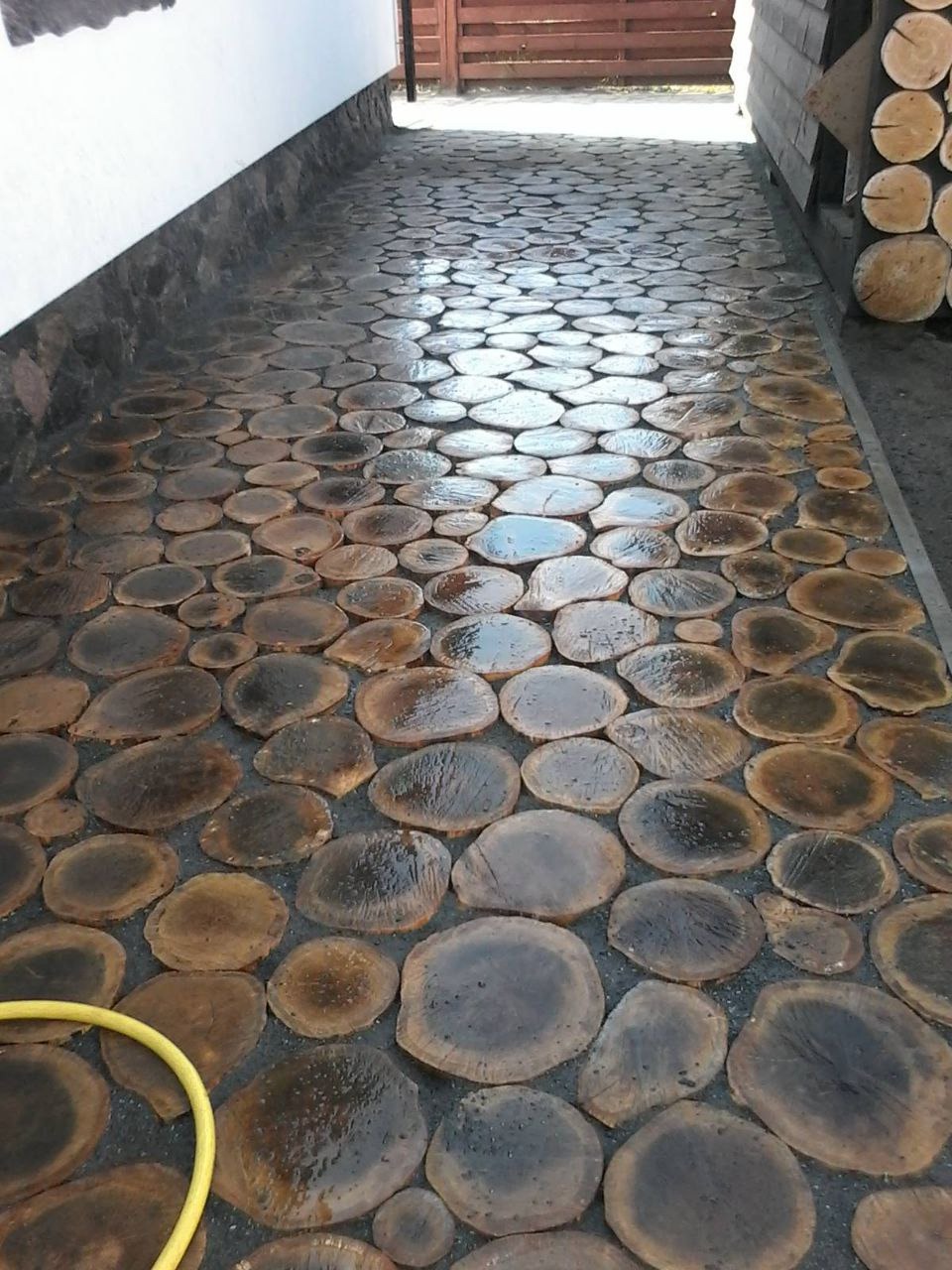 Ścieżka wykonana z okrągłych plastrów drewna ułożonych na ciemnym podłożu, widoczny fragment żółtego węża ogrodowego w lewym dolnym rogu.