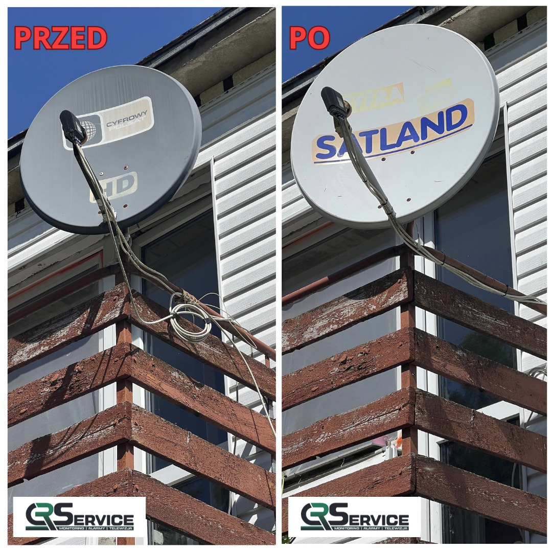 Porównanie przed i po wymiany anteny satelitarnej na balkonie z drewnianą balustradą. Po lewej stara antena 'Cyfrowy Polsat HD', po prawej nowa antena 'Satland'. Widoczne uporządkowane kable.