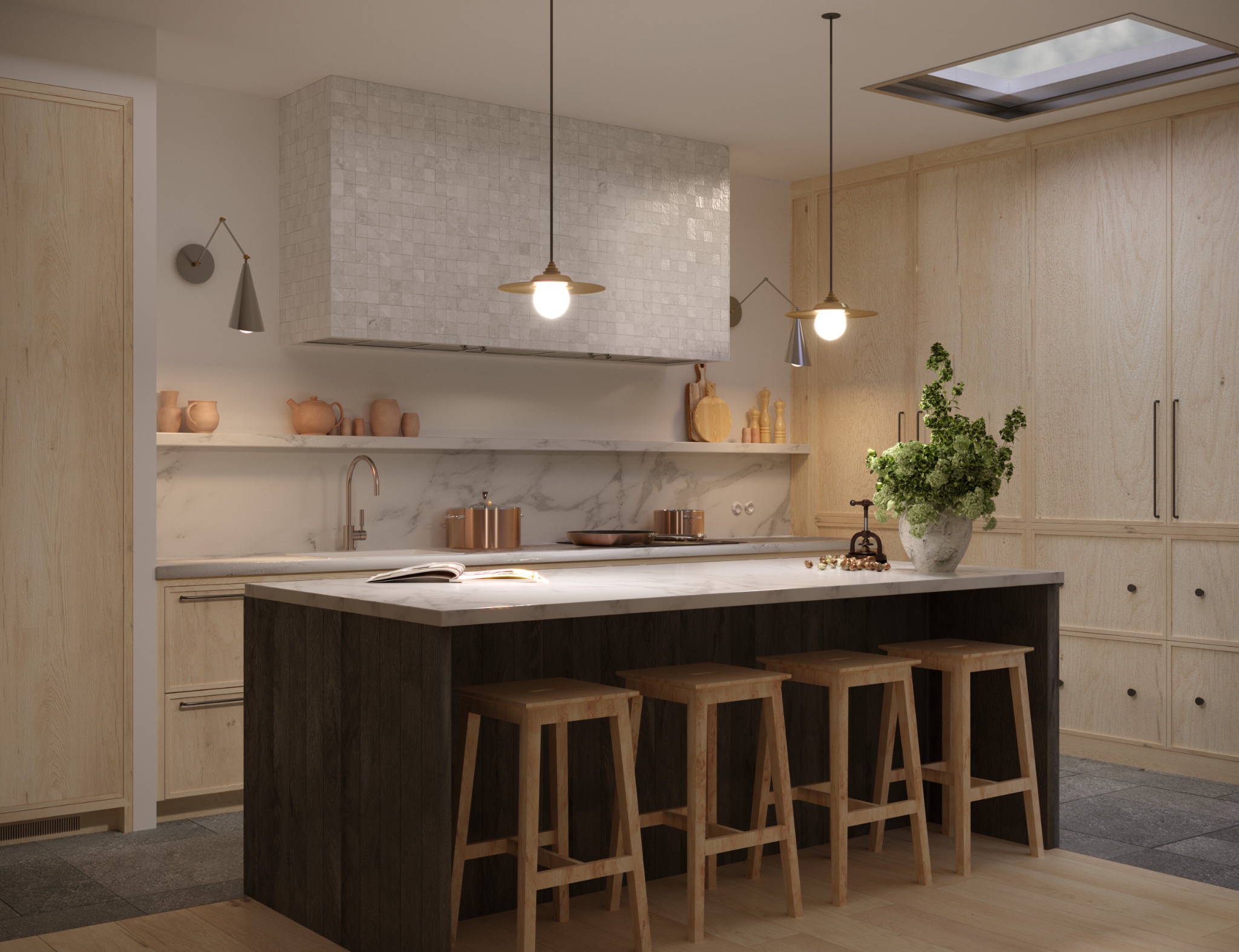Jasna kuchnia z wyspą, hokerami, marmurowym blatem, mozaiką nad blatem i oświetleniem punktowym. Na blacie książka, naczynia i dekoracyjna roślina w donicy.