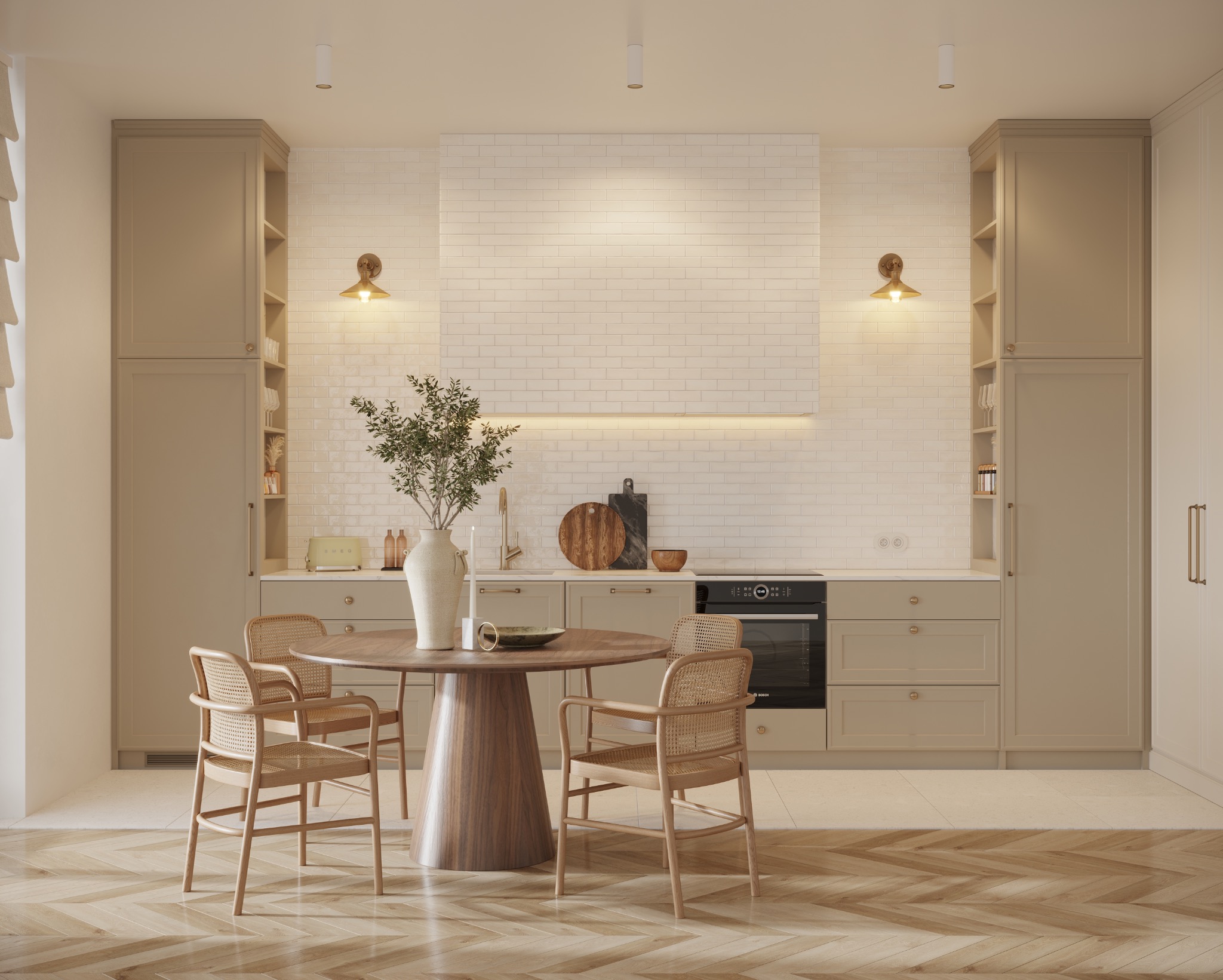 Nowoczesna kuchnia w neutralnych barwach z drewnianym stołem i krzesłami rattanowymi, biała ceglana ściana, oświetlenie punktowe i złote akcenty.