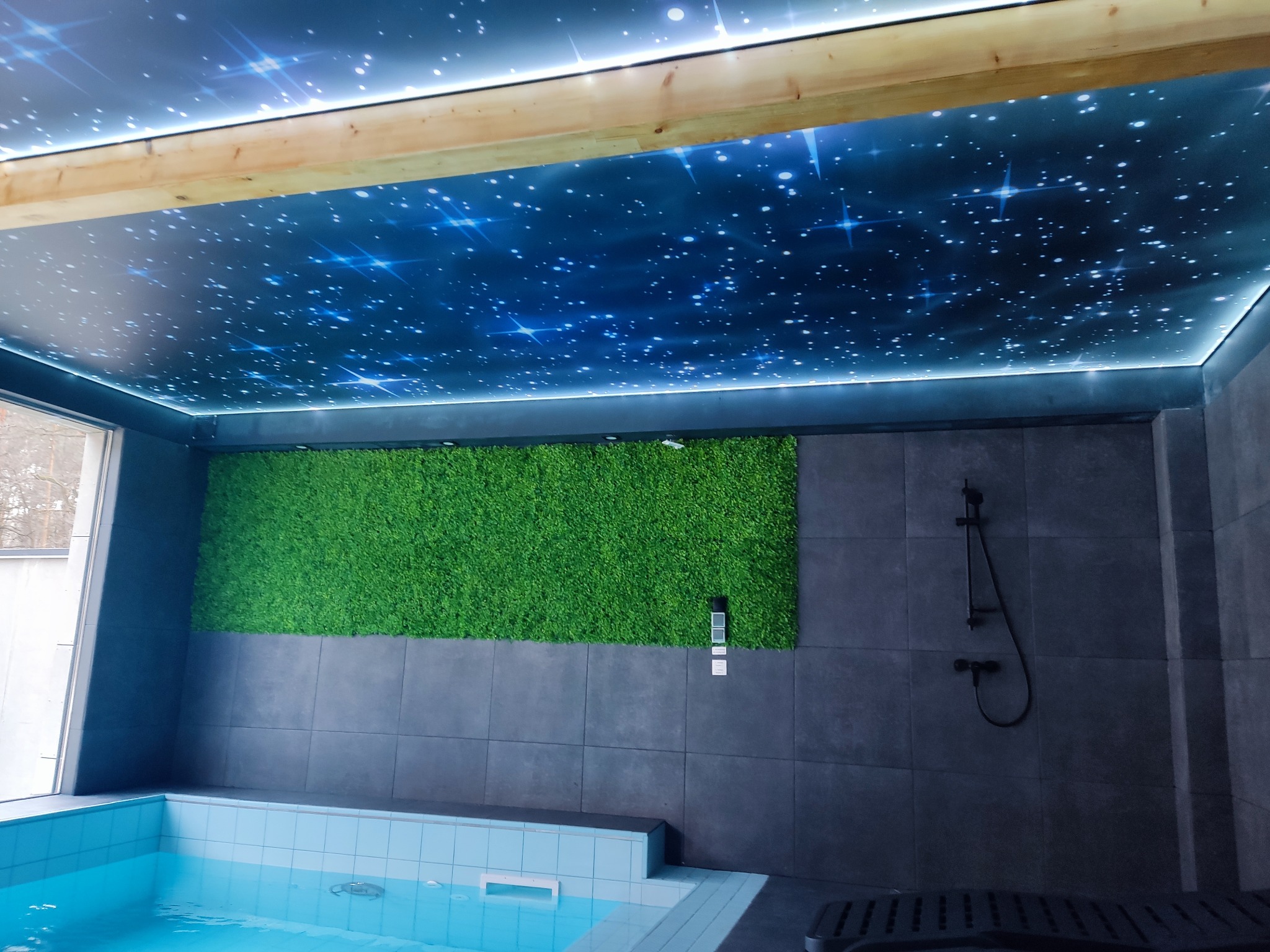 Kryty basen z sufitem napinanym imitującym rozgwieżdżone niebo, ściana z płytek w odcieniach szarości i panel z zielonej sztucznej trawy.