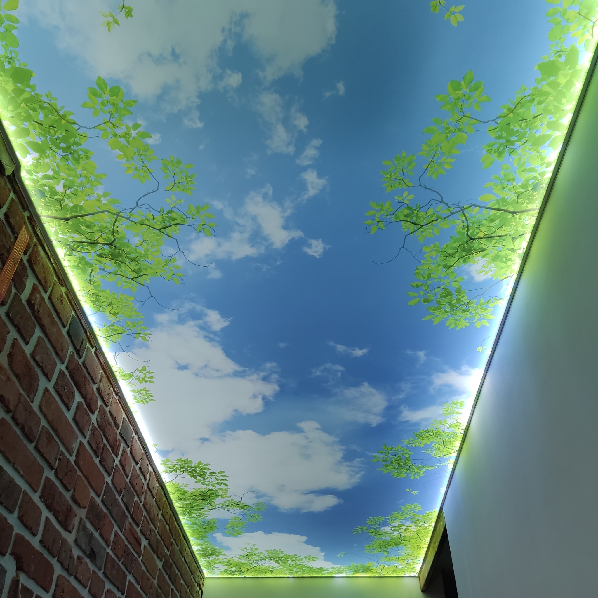 Sufit napinany z nadrukiem błękitnego nieba i zielonych liści, podświetlony taśmą LED, widok z dołu, z fragmentem ceglanej ściany.