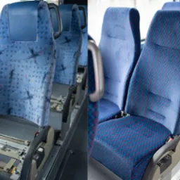 Fotele autobusowe z niebieską tapicerką w geometryczne wzory, jeden fotel w trakcie montażu z widoczną metalową konstrukcją.