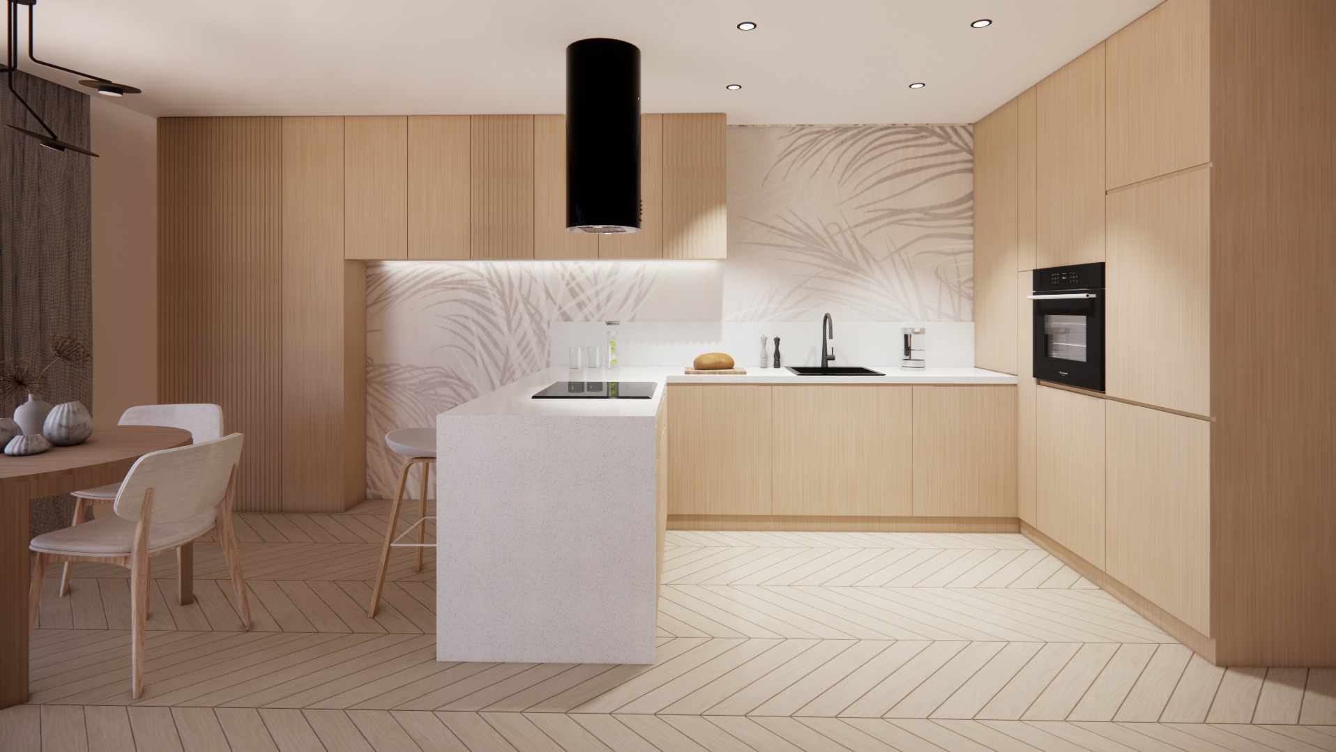 Jasna, minimalistyczna kuchnia z drewnianymi frontami, białym blatem i czarnym okapem cylindrycznym. Podłoga ułożona w jodełkę. W tle tapeta z motywem liści palmowych.