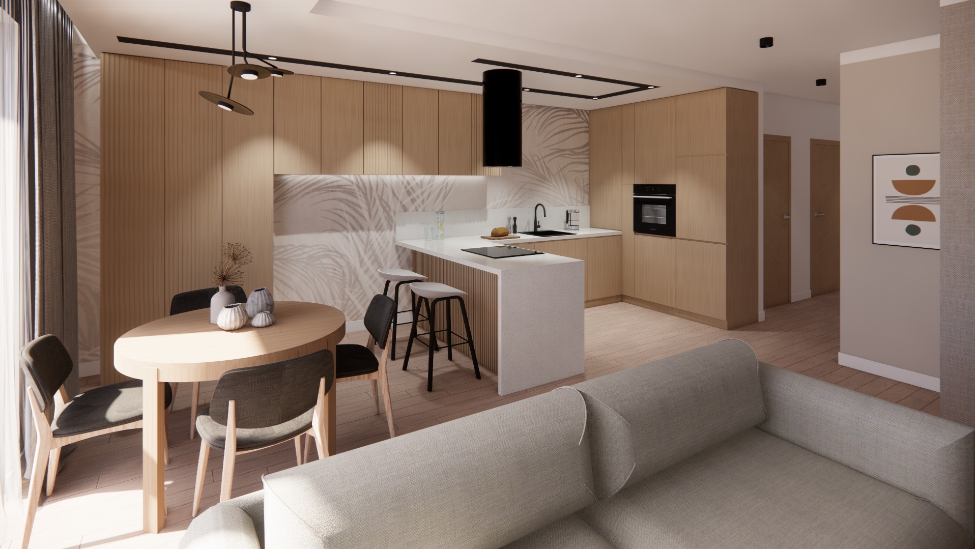 Wizualizacja wnętrza mieszkania z drewnianą zabudową kuchenną, wyspą z białym blatem, okrągłym stołem jadalnym i szarą sofą w salonie.