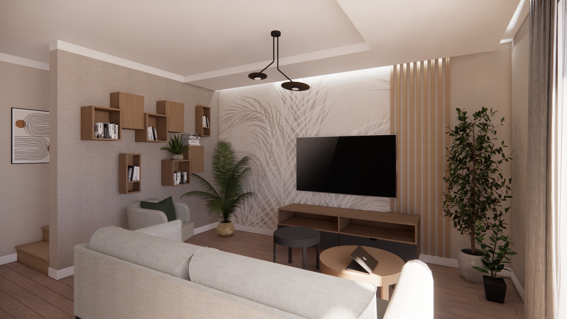 Wizualizacja salonu z beżową sofą, telewizorem na ścianie z motywem liści palmowych, drewnianymi półkami modułowymi i roślinami doniczkowymi.