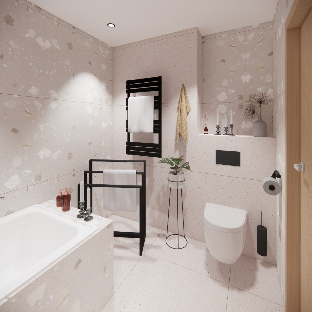 Wizualizacja łazienki z wanną, toaletą i grzejnikiem drabinkowym na ręczniki. Beżowe płytki z wzorem terazzo na ścianach i podłodze. Nowoczesne akcesoria łazienkowe i dekoracje.