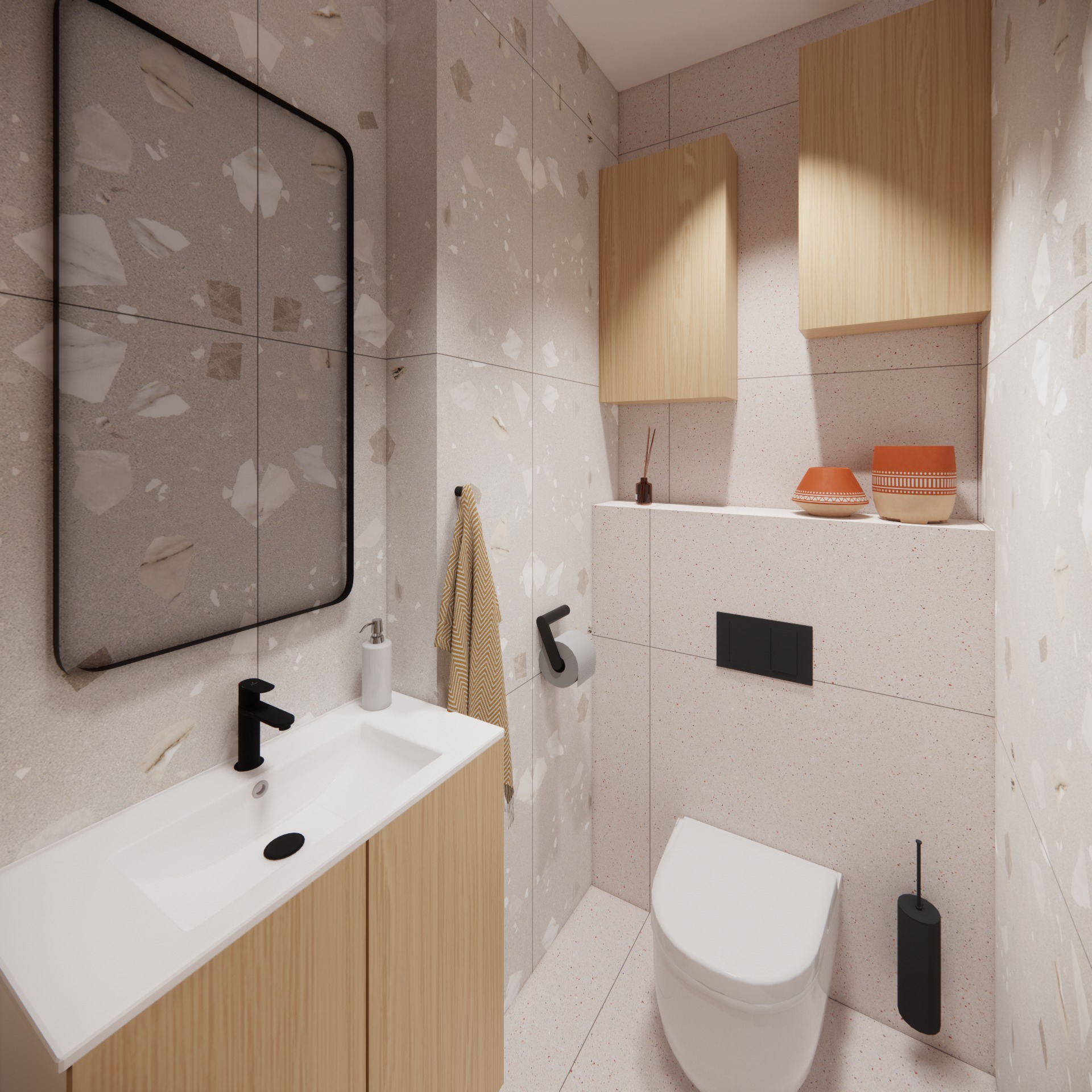 Nowoczesna łazienka z umywalką na szafce z jasnego drewna, czarną armaturą, lustrem w czarnej ramie i toaletą w kolorze białym, wykończona płytkami w stylu lastryko.