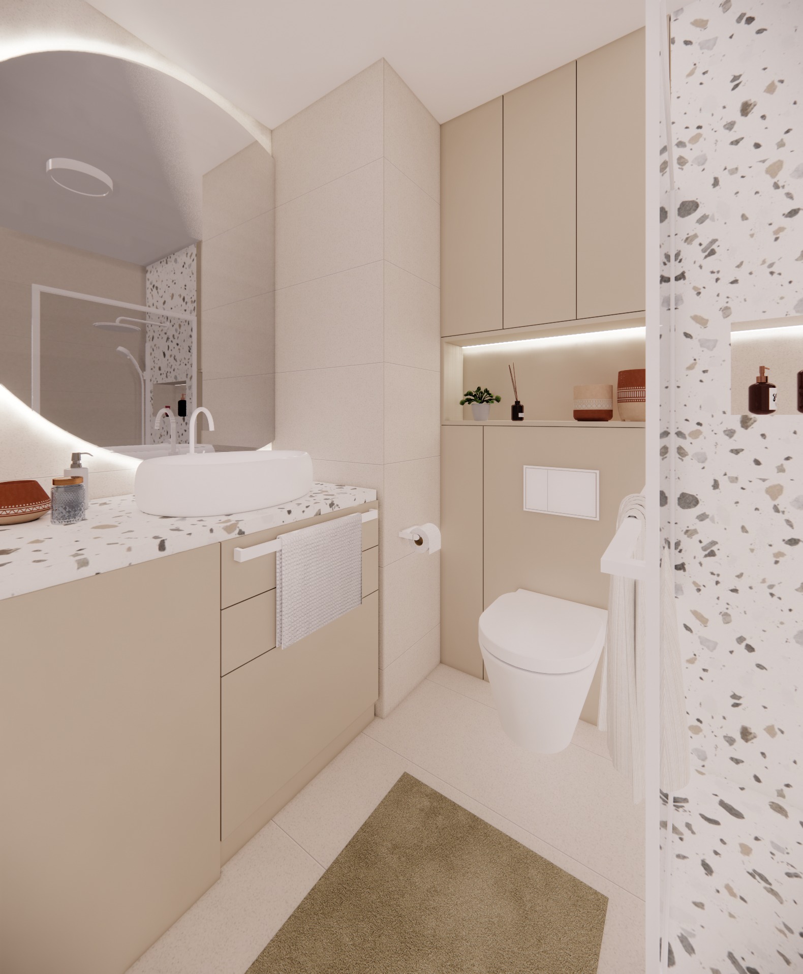 Wizualizacja łazienki w beżowej kolorystyce z umywalką nablatową, toaletą podwieszaną i kabiną prysznicową z mozaiką.