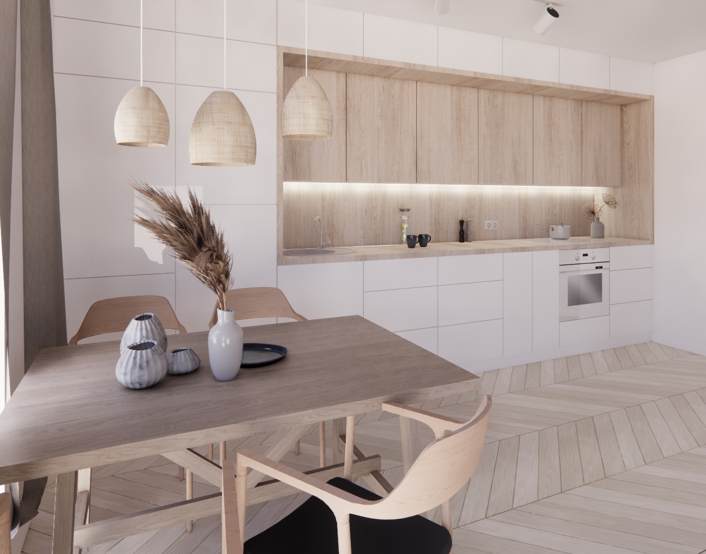 Jasna kuchnia z drewnianymi frontami szafek górnych i białymi dolnymi, drewniany stół z dekoracyjnymi wazonami i suszem, trzy lampy wiszące z abażurami z naturalnego materiału, podłoga w jodełkę.