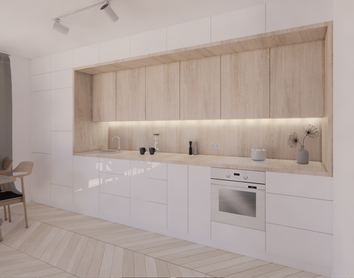 Wizualizacja nowoczesnej kuchni z białymi, lakierowanymi frontami i drewnianymi szafkami górnymi z oświetleniem LED podszafkowym, parkiet w jodełkę, minimalistyczny wystrój z akcentami w postaci...