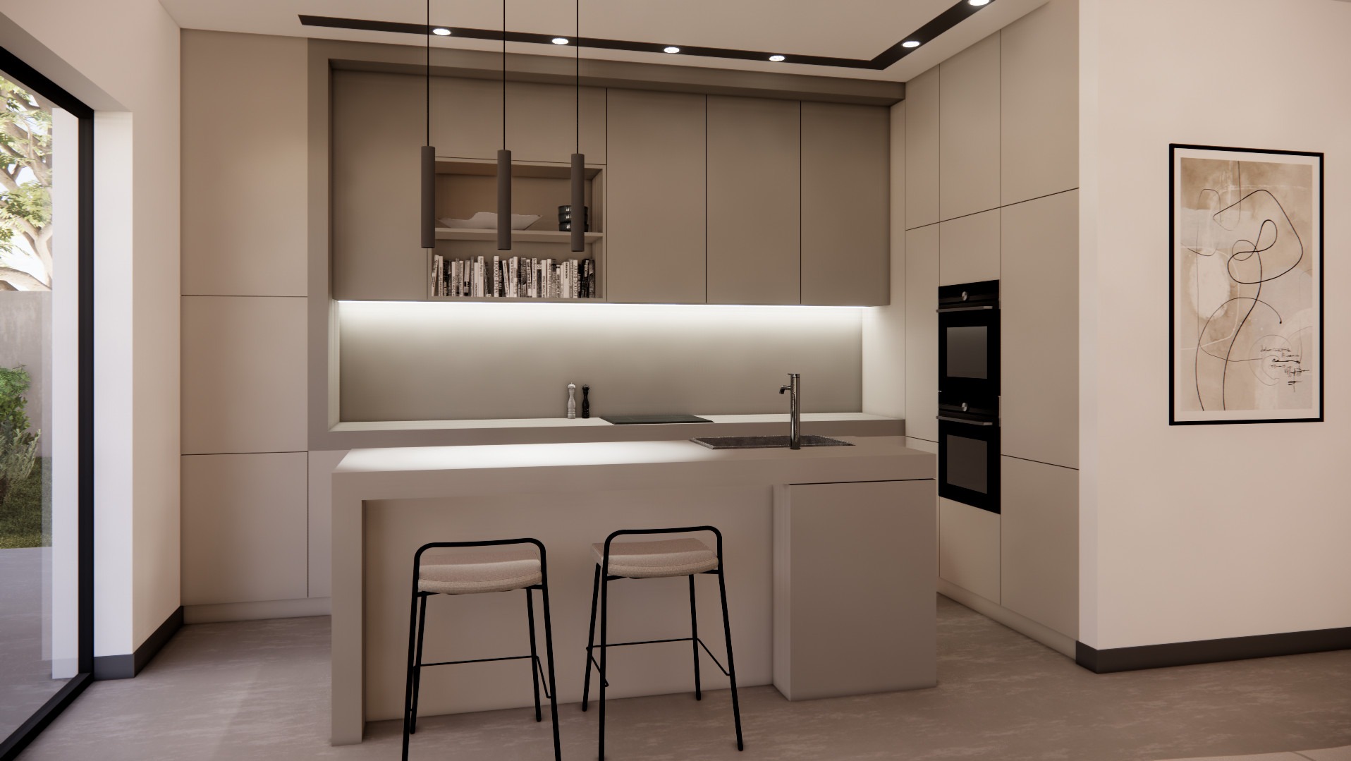 Minimalistyczna kuchnia w odcieniach szarości z wyspą i hokerami, oświetleniem LED pod szafkami oraz abstrakcyjnym obrazem na ścianie.