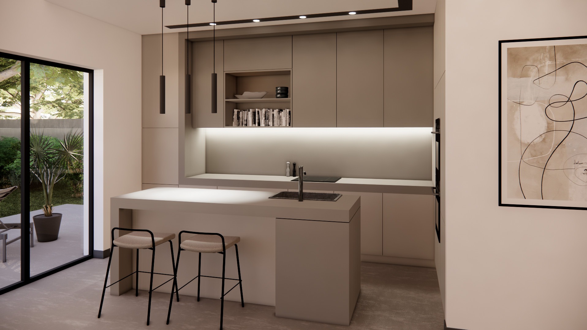 Nowoczesna kuchnia w odcieniach beżu z wyspą i dwoma hokerami, widok na ogród przez duże okno, minimalistyczny design z wiszącymi lampami i abstrakcyjnym obrazem na ścianie.