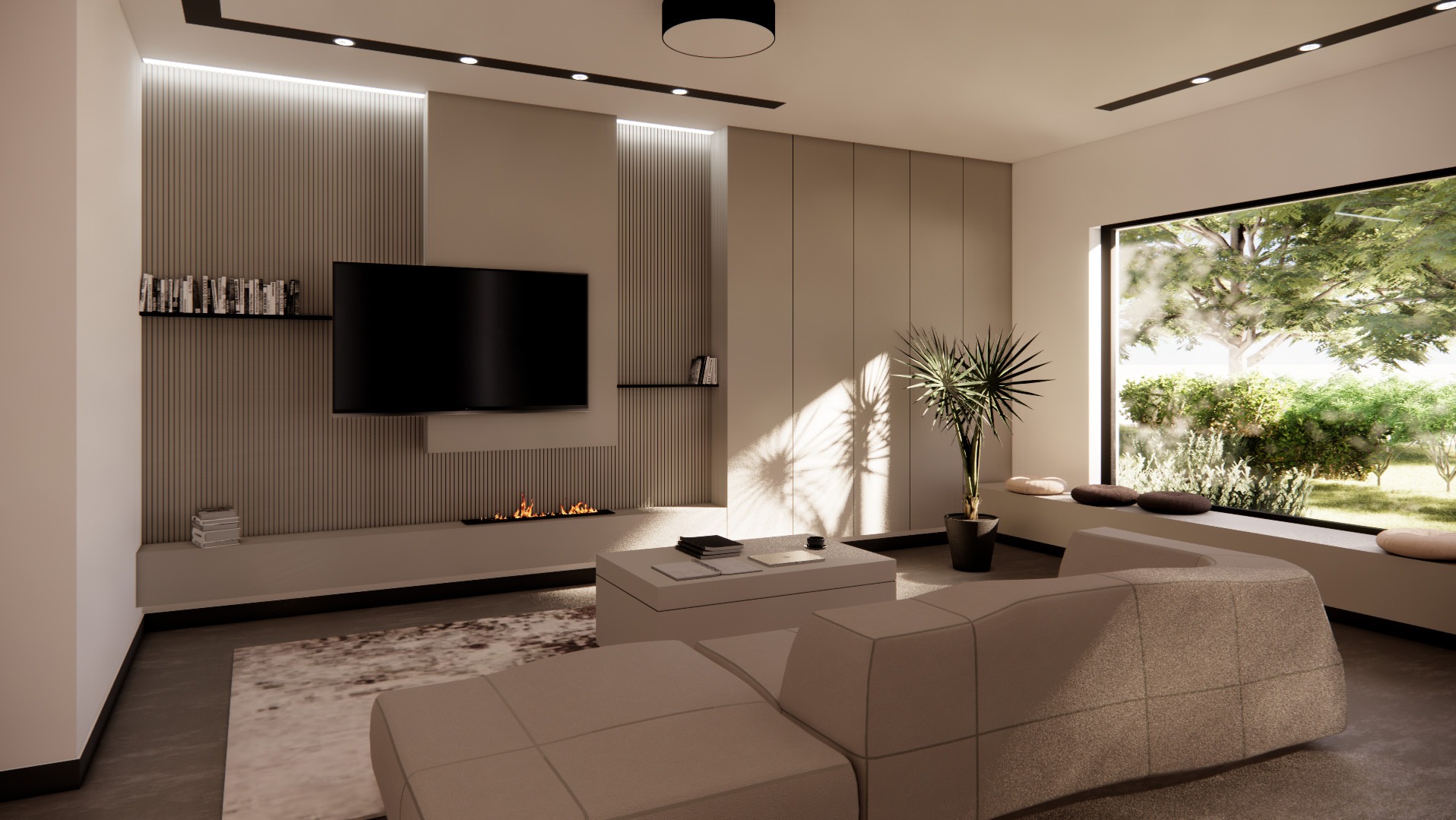 Nowoczesny salon z minimalistycznym designem, beżowe ściany z pionowymi panelami, telewizor nad kominkiem, duży narożnik i okno z widokiem na zieleń.