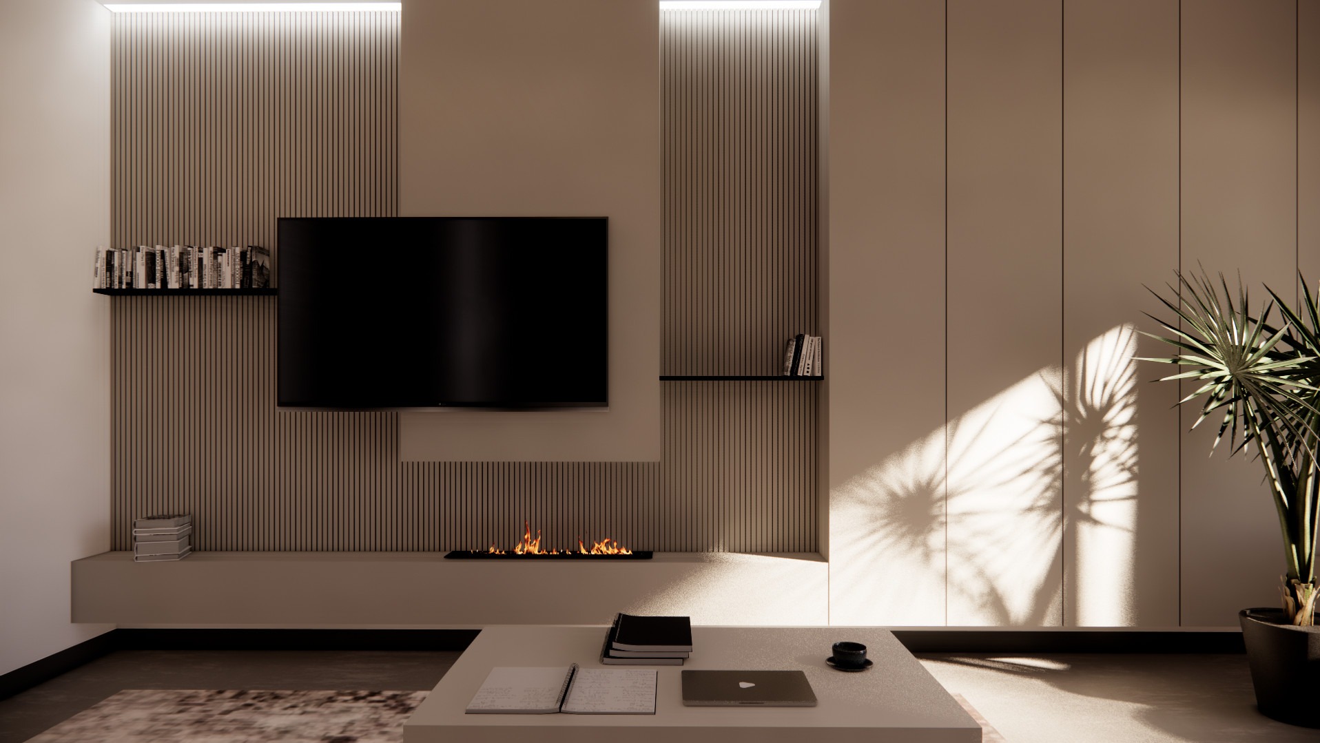 Minimalistyczny salon z telewizorem, biokominkiem, półkami z książkami i rośliną doniczkową, oświetlony naturalnym światłem tworzącym cienie na ścianie.