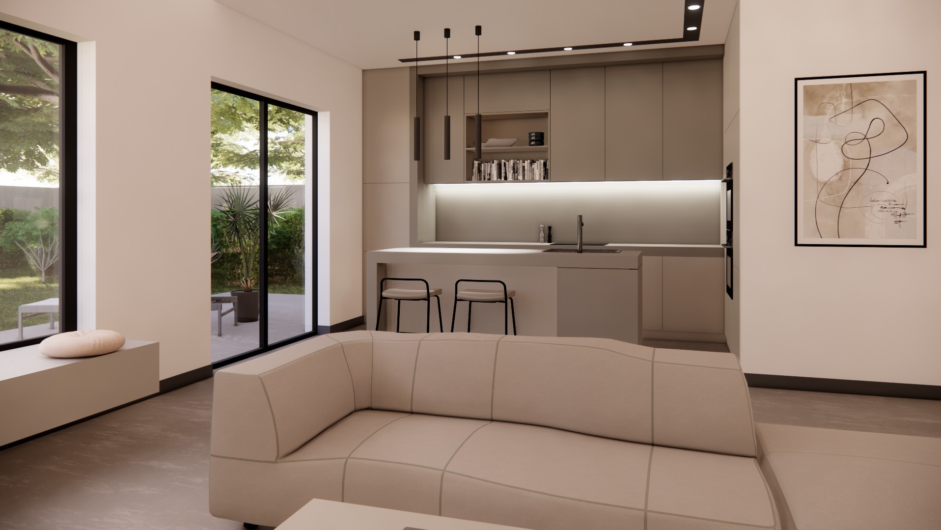 Wizualizacja wnętrza: beżowa kuchnia z wyspą i hokerami, sofa w odcieniach beżu, minimalistyczny obraz na ścianie, widok na ogród przez duże okno.