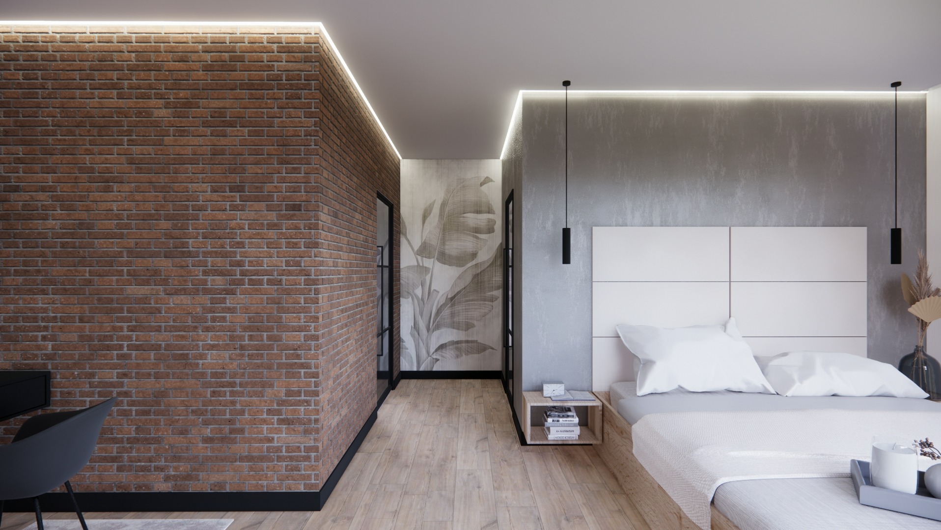 Nowoczesna sypialnia z ceglaną ścianą, oświetleniem LED, tapetą z motywem roślinnym i minimalistycznym wystrojem, ukazująca harmonijne połączenie surowości i elegancji.