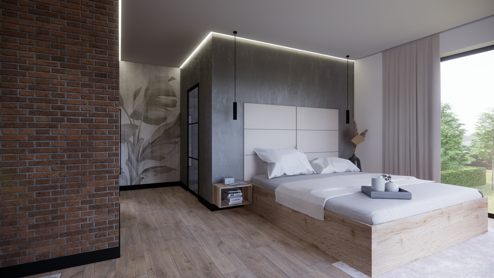 Nowoczesna sypialnia z ceglaną ścianą, łóżkiem z drewnianą ramą, białą pościelą i stolikiem nocnym z książkami, oświetlenie LED na suficie, szara ściana z motywem roślinnym.