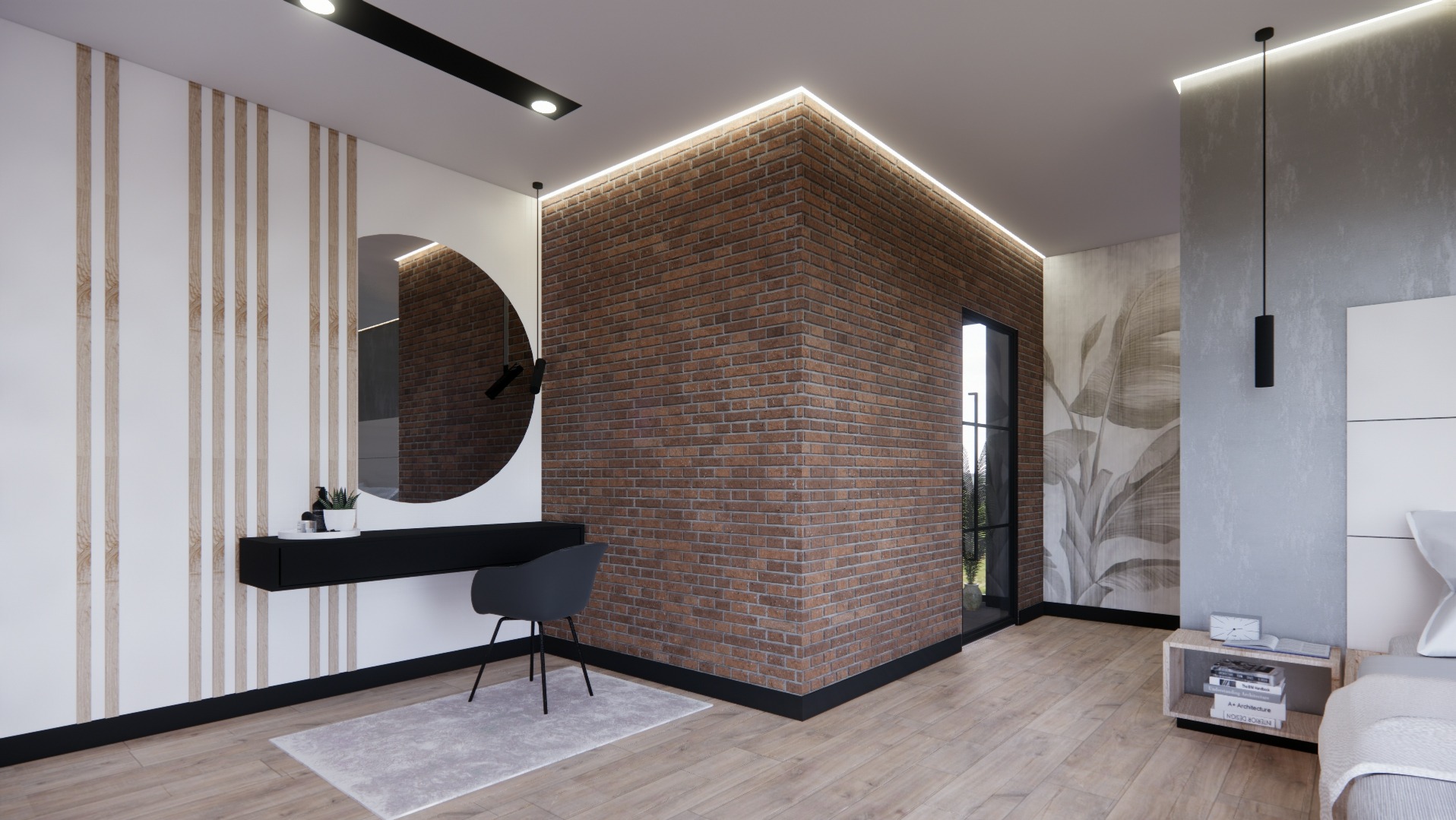 Sypialnia z ceglaną ścianą akcentującą, okrągłym lustrem nad czarną toaletką i szarą tapetą z motywem liści, oświetlona ledami i lampą wiszącą.