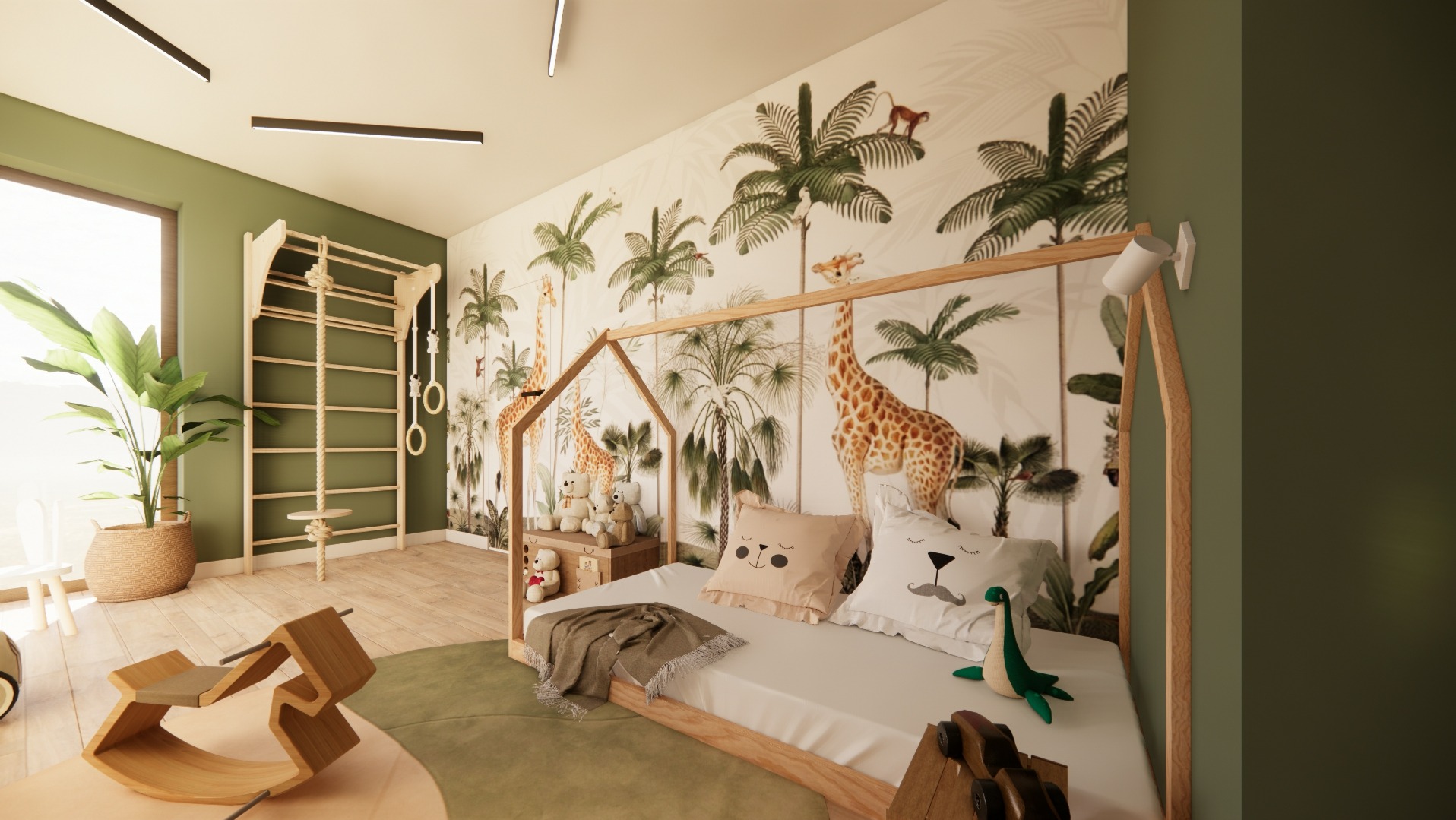 Pokój dziecięcy z drewnianym łóżkiem w kształcie domku, tapetą z motywem dżungli, drabinkami gimnastycznymi i drewnianym konikiem na biegunach.