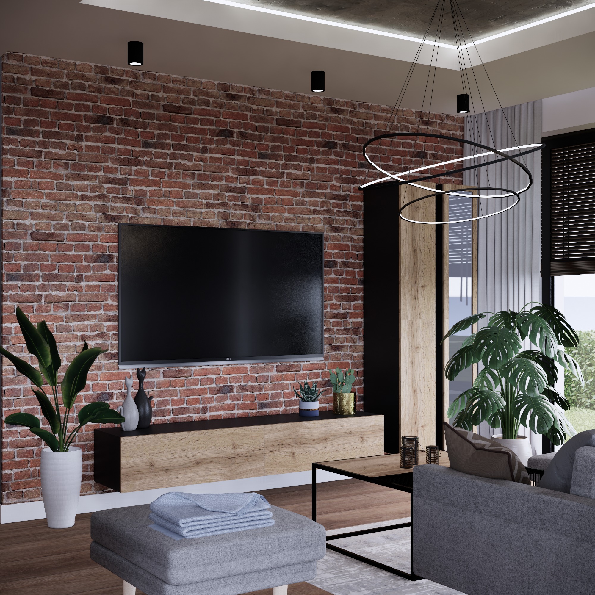 Salon z ceglaną ścianą, telewizorem, drewnianą szafką RTV, roślinami w doniczkach i nowoczesnym oświetleniem wiszącym.
