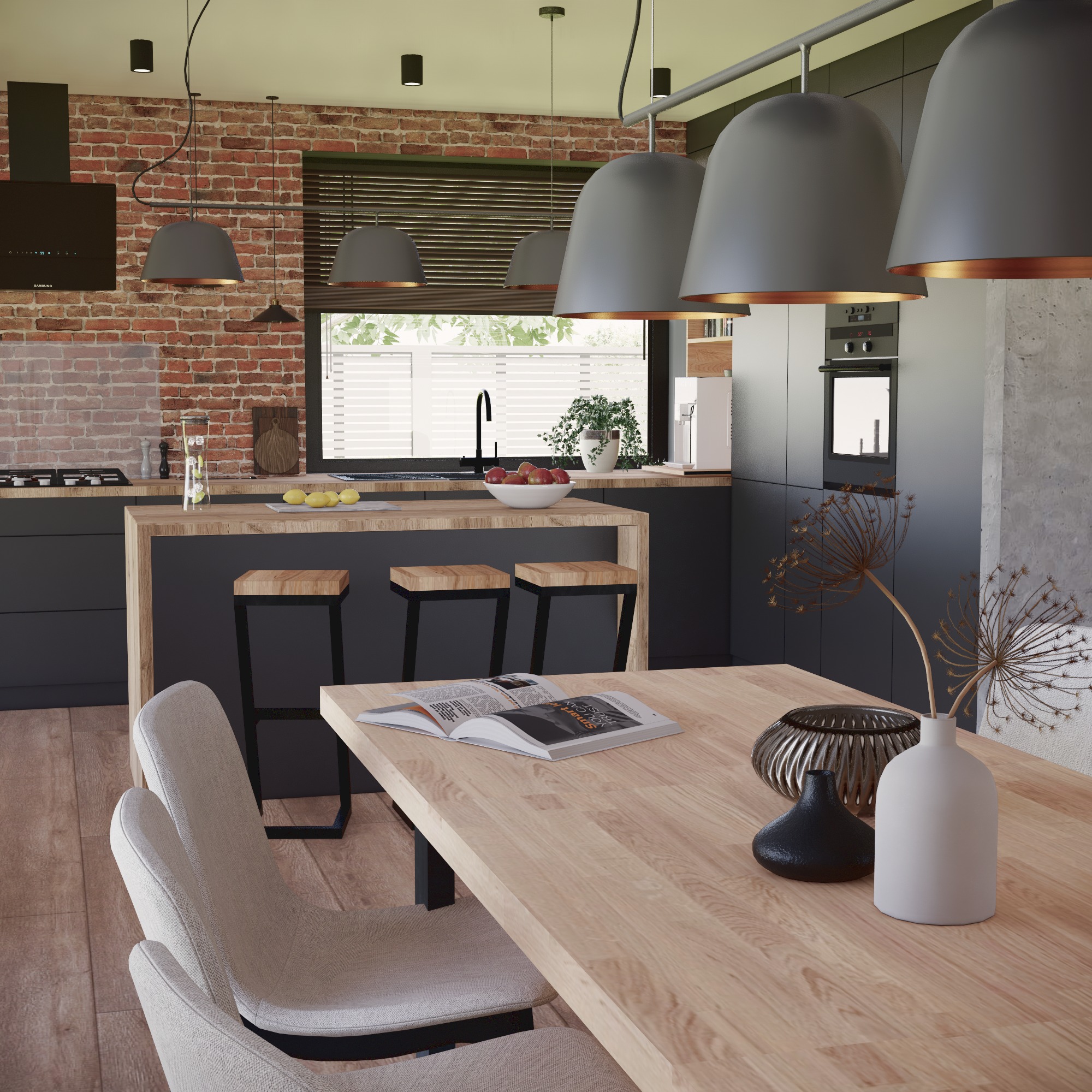 Wnętrze kuchni z wyspą i jadalnią, oświetlone wiszącymi lampami, z ceglaną ścianą w tle i drewnianym stołem z dekoracjami.