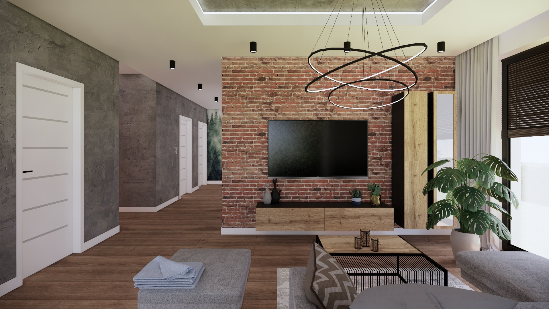 Nowoczesny salon z ceglaną ścianą, wiszącym telewizorem, designerską lampą i drewnianą podłogą; widok na korytarz z szarymi ścianami i białymi drzwiami.