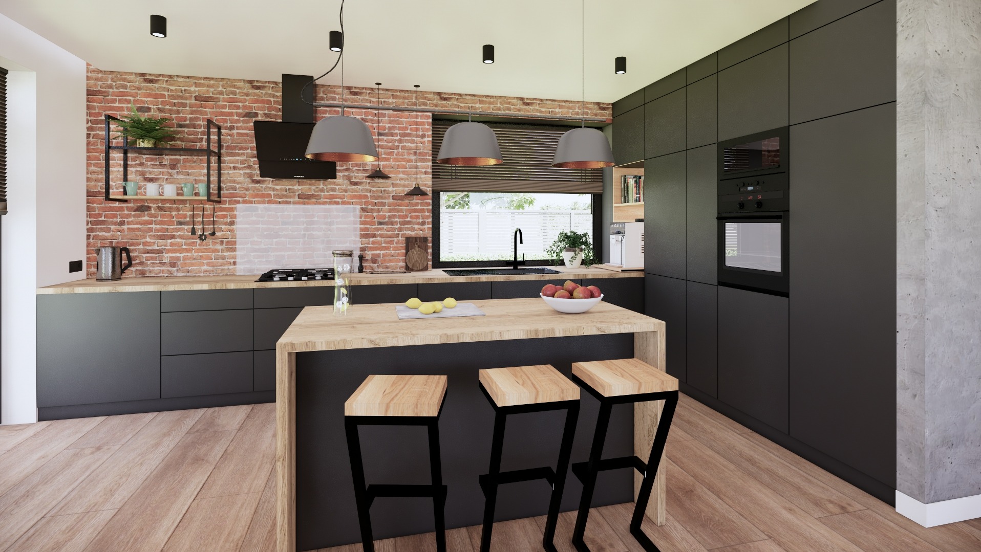 Wnętrze nowoczesnej kuchni z ceglaną ścianą, czarnymi szafkami, drewnianym blatem i wyspą z trzema stołkami barowymi. Nad wyspą wiszą trzy szare lampy. Na blacie leżą owoce i cytryny.