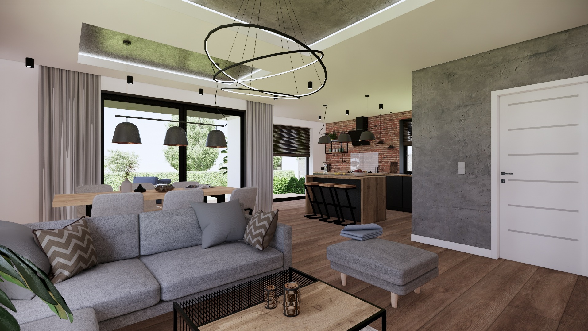 Wnętrze przestronnego salonu z otwartą kuchnią, szara sofa z wzorzystymi poduszkami, drewniany stolik kawowy z metalową podstawą, jadalnia z widokiem na ogród, ściana z cegły nad blatem kuchennym...