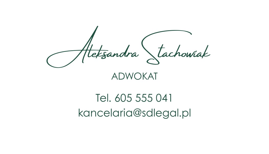 Wizytówka adwokata Aleksandry Stachowiak z zielonym, eleganckim fontem, numerem telefonu i adresem e-mail na białym tle.