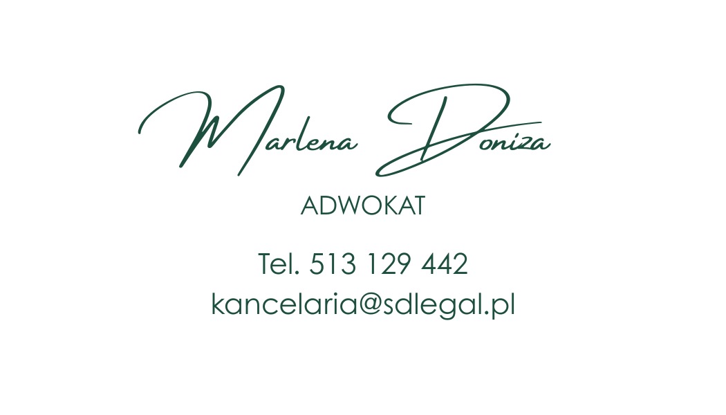 Eleganckie logo adwokata Marlena Doniza w odcieniach zieleni na białym tle, zawierające imię, nazwisko, tytuł, numer telefonu i adres e-mail kancelarii.