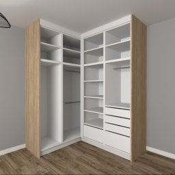 Extra Front s.c - Wizualizacja narożnej szafy z jasnego drewna i białymi półkami oraz szufladami, oświetlona nowoczesną lampą wiszącą na tle szarej ściany i drewnianej podłogi.