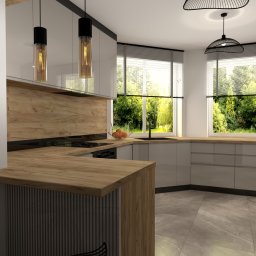 Extra Front s.c - Nowoczesna kuchnia z drewnianym blatem, szarymi szafkami i widokiem na ogród przez okno z żaluzjami.