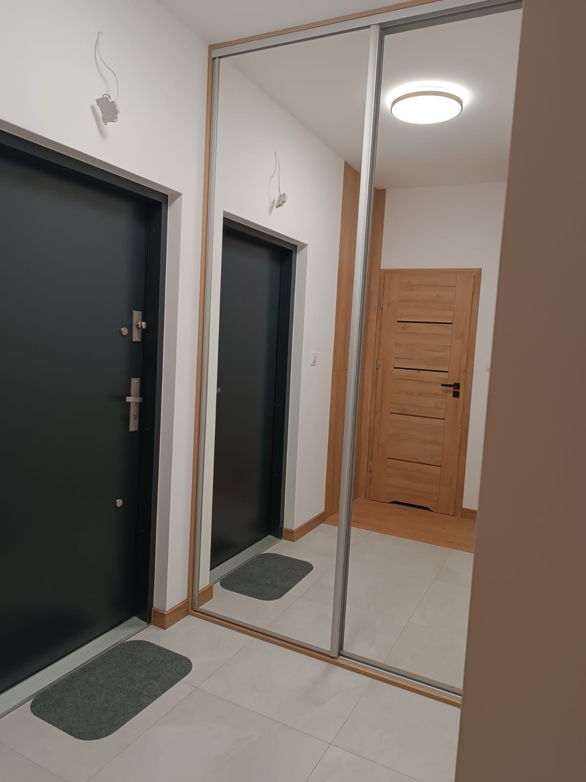 Przedpokój z przesuwną szafą z lustrami, widoczne drzwi wejściowe i wewnętrzne, szary dywanik pod drzwiami.