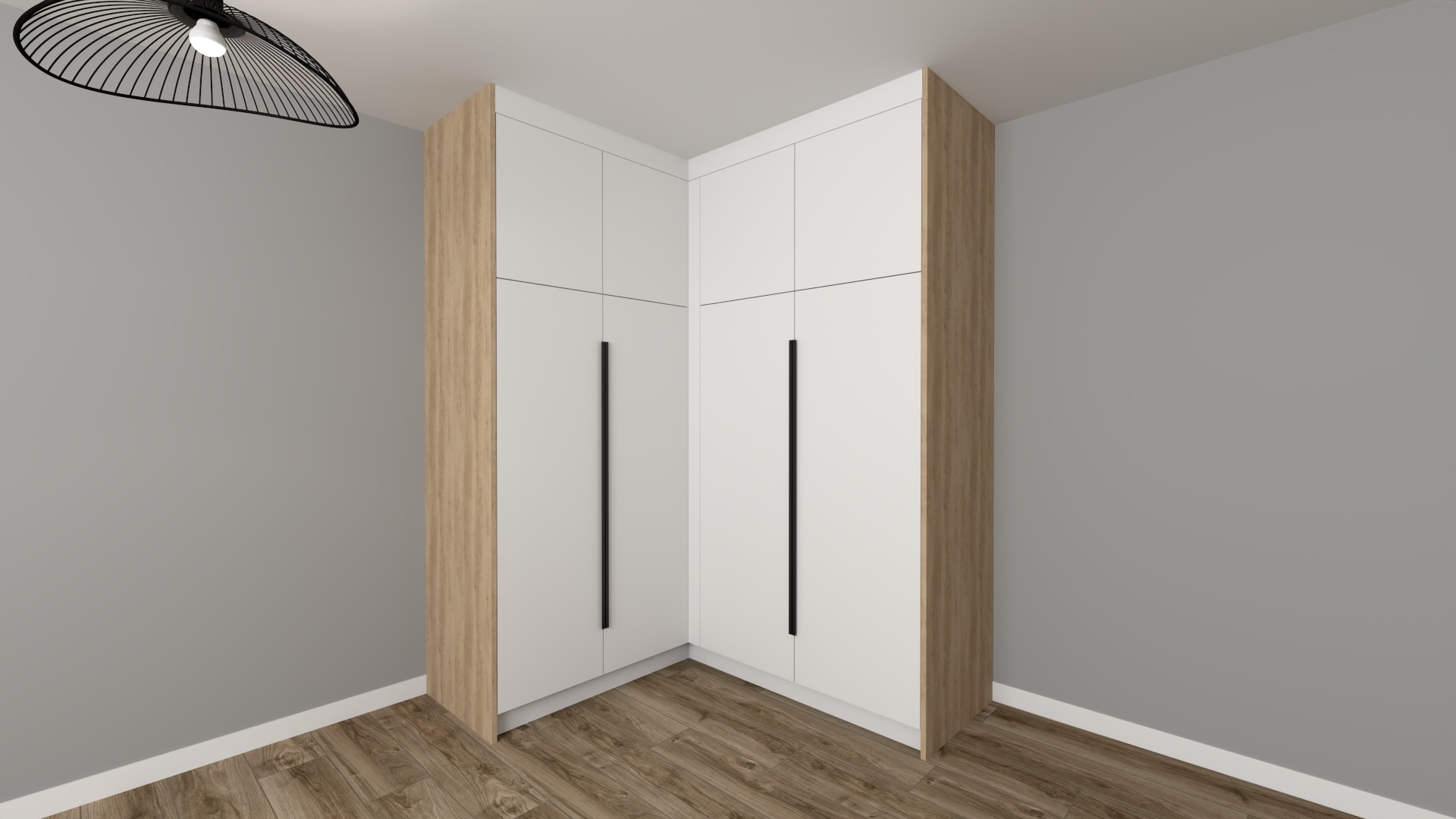 Wnętrze z narożną szafą z białymi frontami i drewnianymi bokami, czarne, pionowe uchwyty, podłoga z paneli, designerska lampa sufitowa.