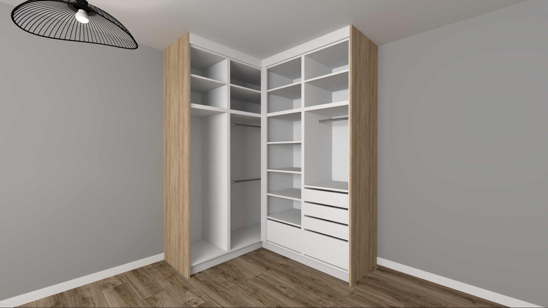 Wizualizacja narożnej szafy z jasnego drewna i białymi półkami oraz szufladami, oświetlona nowoczesną lampą wiszącą na tle szarej ściany i drewnianej podłogi.